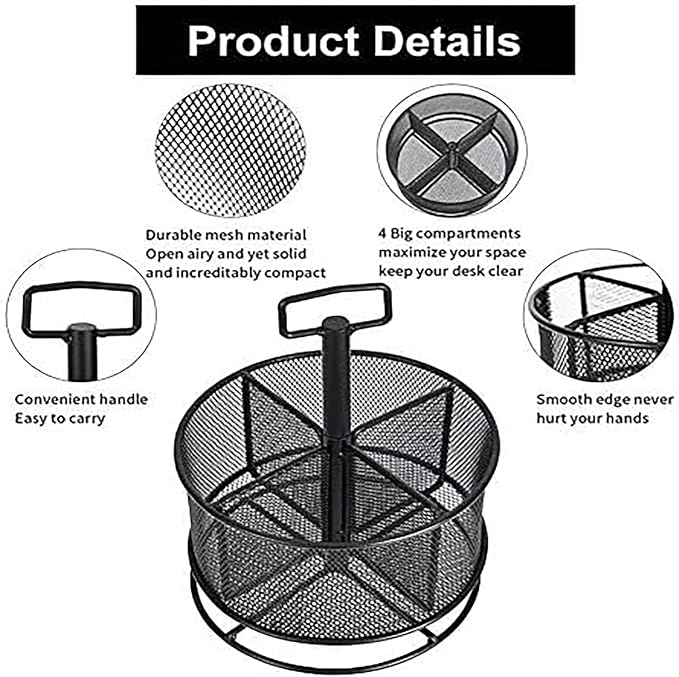 Marbrasse Mesh Desk Organizer, 360-Degree Rotating Multi-Functional Pen Holder, 4 Compartments Desktop Stationary Organizer, Home Office Art Supply Storage Box Caddy (Black)