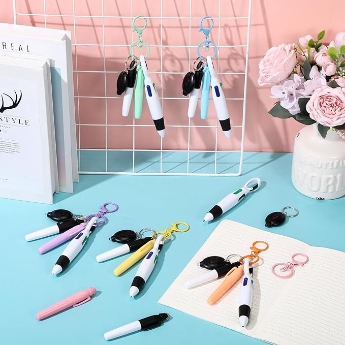 Chinco 30 Pcs Retractable Shuttle Pen Clip with Mini Highlighter Nurse Badge Pen Neon Marker LED Keychain Ring Clip