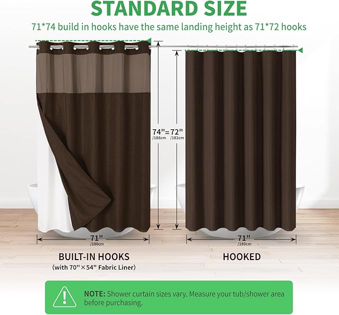 No Hooks Needed Linen Textured Shower Curtain with Snap-in Fabric Liner Set,Hotel Luxury Decor Shower Curtains for Bathroom with Mesh Top Window,Waterproof & Washable,71Wx74H,Brown