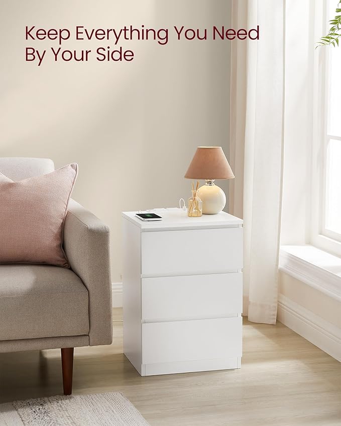 VASAGLE Nightstands with Charging Station, Set of 2, AC Outlets and USB Ports, Bedside Tables, Side Tables with 3 Drawers, Modern Style, 13.8 x 15.7 x 23.2 Inches, Cloud White ULET731W16