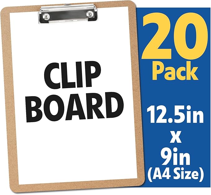 20 Pack Clipboards Bulk, Clipboards for Classroom, Letter Size (9 x 12.5 Inch) Wooden Clipboard, Hardboard Office Clipboard, Classroom Supplies