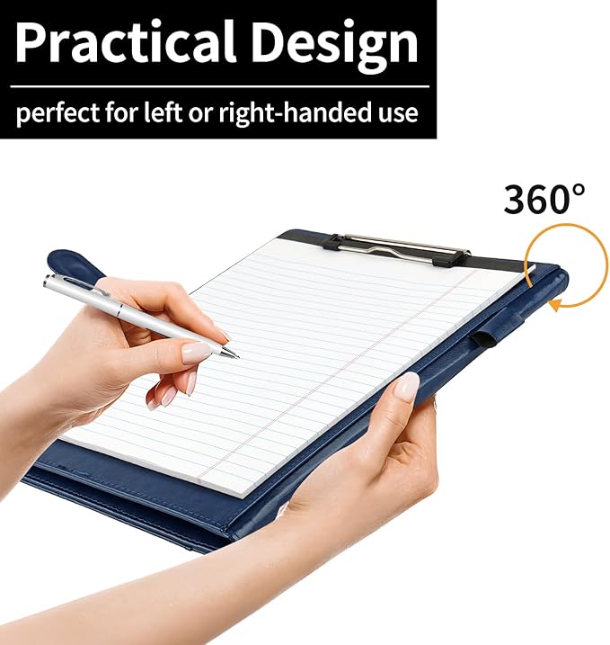 Professional Padfolio with Clipboard, Faux Leather Portfolio Folder Binder, Legal Pad Holder for A4 Letter Size Notepad, Resume, Writing Pad, Ideal Organizer for Business Office Conference (Blue)
