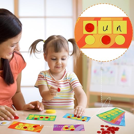 Sound Box Mats and Chips 24 Pcs Dry Erase Mats and 84 Pcs Chips Phonemic Awareness Games Phonics Reading Games Ezread Sound Box Kit(Bright Style,Cardboard)