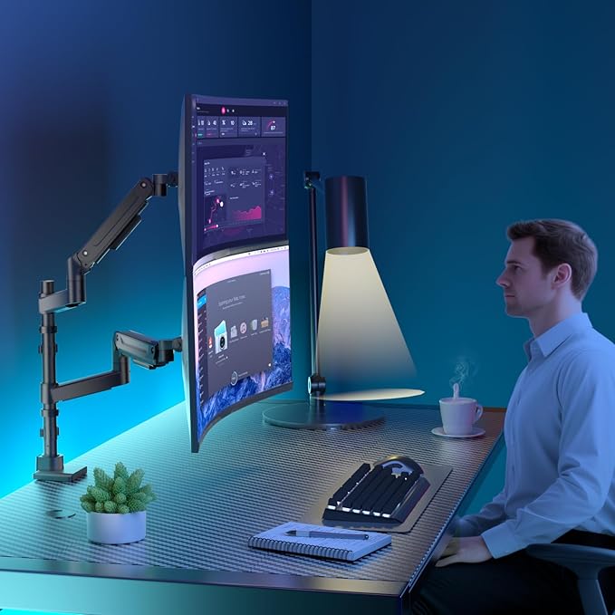 WALI Dual Monitor Mount for Ultrawide Heavy Duty Curved Monitor Stacking, Dual Monitor Arm Fits 13-49 Inch for Ultrawide Screens up to 44lbs, 49 inch Monitor Arm, Black