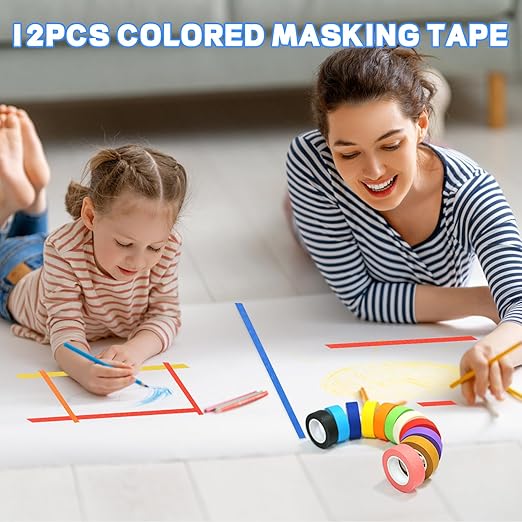 12PCS Colored Masking Tape, Colored Tape for Kids Art Supplies, DIY Craft Tape, Colored Painters Tape for Labeling, Classroom, Decorative, Rainbow Color Tape Rolls 2/3In x 13Yards(1.7cm x 12m)