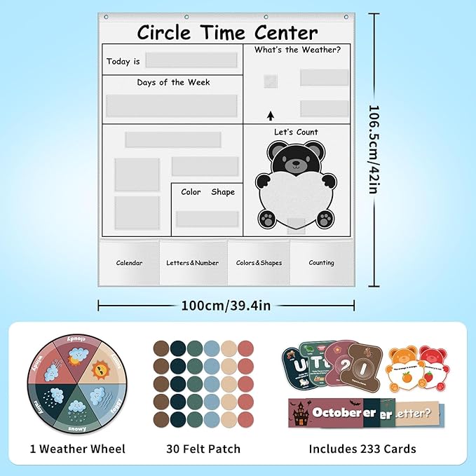 Circle Time Learning Center Pocket Chart for Classroom, Dry Erase Alphabet & Number Flash Cards, Write ABC Letter Tracing Writing Practice Games for Kids, Learning Weather Counting Color Shape