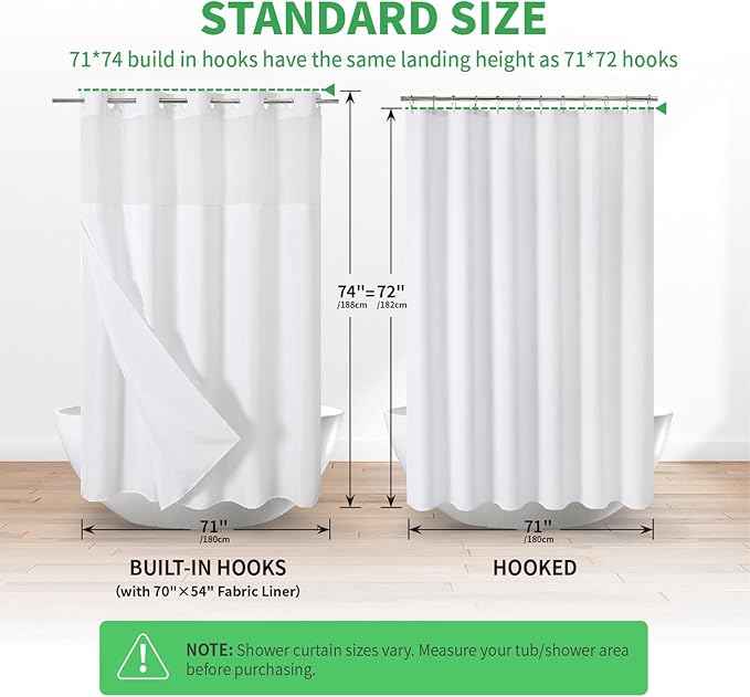 No Hooks Needed Linen Textured Shower Curtain with Snap-in Fabric Liner Set,White Hotel Luxury Decor Shower Curtains for Bathroom with Mesh Top Window,Waterproof & Washable,71Wx74H
