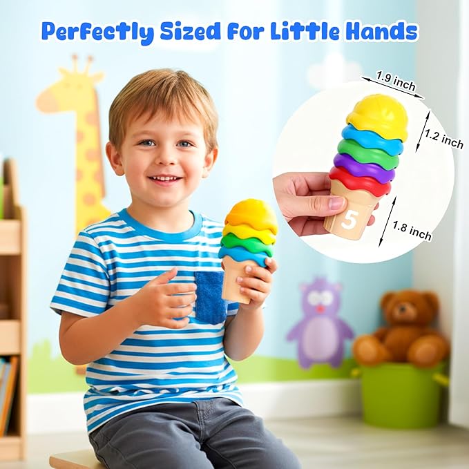 NEOROD Ice Cream Counting Toys for Toddlers 3-5 – Montessori Preschool Learning Set with 42 Scoops & 6 Cones | Color Sorting & Fine Motor Skills Stacker | Educational Math Game & Sensory Toys for Kids