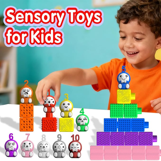 65PCS Sensory Stacking Cubes for Toddlers | Textured Soft Counting Cubes for Color & Number Learning | Squeezable Montessori Educational Building Toys, Preschool Learning Activities for Kids Ages 2-5