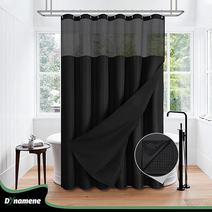 Dynamene 78 Inch Long Shower Curtain, Tall Waffle Fabric Shower Curtains for Bathroom, Hotel Waterproof Cloth Shower Curtain Liner Set with Hooks, Snap in Liner, Mesh Top Window, Black, 72x78
