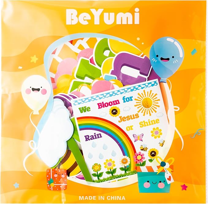 BeYumi 88Pcs We Bloom for Jesus Rain or Shine Christian Bulletin Board Set Spring Rainbow Sun Honeycomb Flowers Cutouts Name Tags Trim Border Faith Religious Sunday School Chalkboard Church Decoration