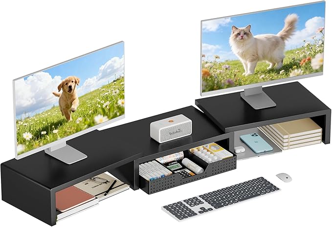 OPNICE Dual Computer Monitor Stand Riser, Desk Organizer with Drawer, Office Desk Accessories & Workspace Organizers for Home Office Supplies, Black