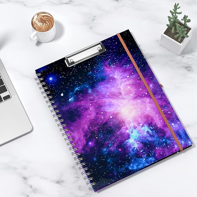Rimilak Spiral Clipboard Folio with Refillable Lined Notepad, 14.5 x 9.8 In, Hardcover Cover with 5 Interior Pockets, Elastic Band and Pen Loop Series. Cute Stylish Clipfolio, Galaxy