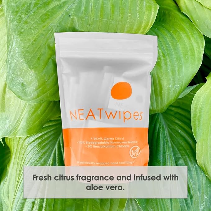 NEATwipes Hand Sanitizing Wipes | Travel Essentials | Disposable Wet Wipe & Planet Friendly | Fresh Citrus Essential Oil | 10 Pouches of 24 Individually Wrapped Wipes