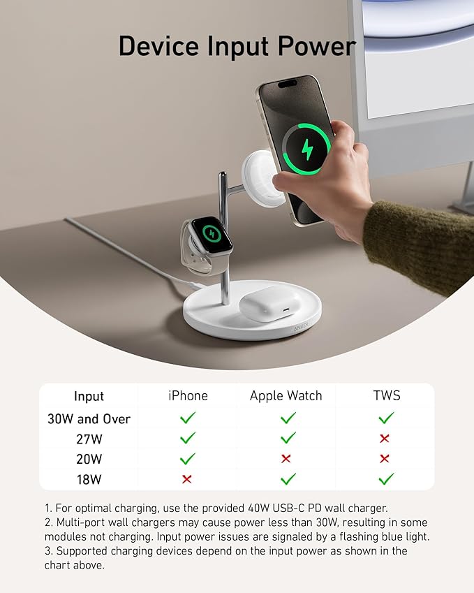 Anker MagSafe Charger Stand Compatible, iPhone 17 MagGo 3 in 1 Wireless Charging Station,Qi2 Certified 15W Wireless Charger, Desk Accessory, for iPhone 15/14/13/12 Series Apple Watch, AirPods