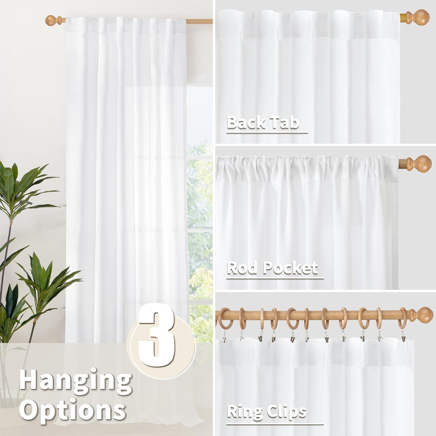 YoungsTex 72 Inch Length White Linen Curtains for Living Room 2 Panels, Rod Pocket Back Tab Semi Sheer Drapes for Light Filtering Window Treatments for Bedroom Dining, 52 X 72 Inch