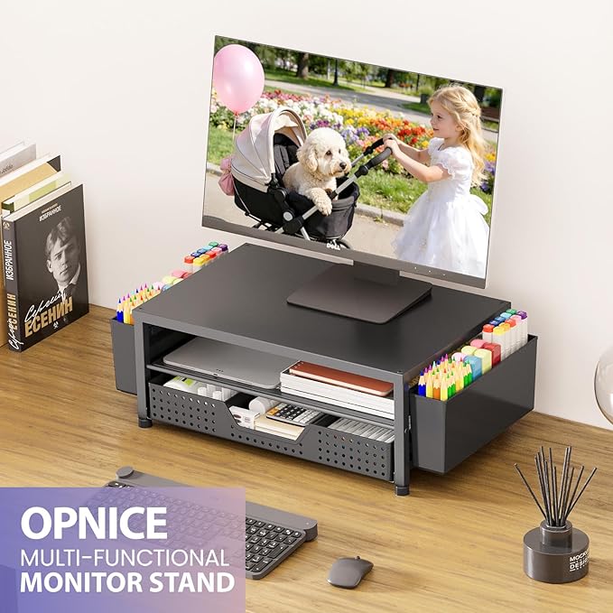 OPNICE Desk Organizer and Accessories, 2-Tier Computer Monitor Stand Riser with Drawer and 2 Pen Holders, Laptop Stand, Office Desk Accessories for Office Supplies, Black 2-Pack