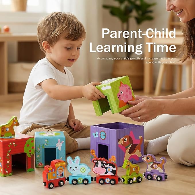 Atoylink Stacking Blocks Nesting Toys with Magnetic Animal Train, 6 Farm Cubes Number Learning Set for Toddlers 18M-6Y, Montessori Educational Counting Toy for Boys Girls, Safe Non-Toxic Kids Gift