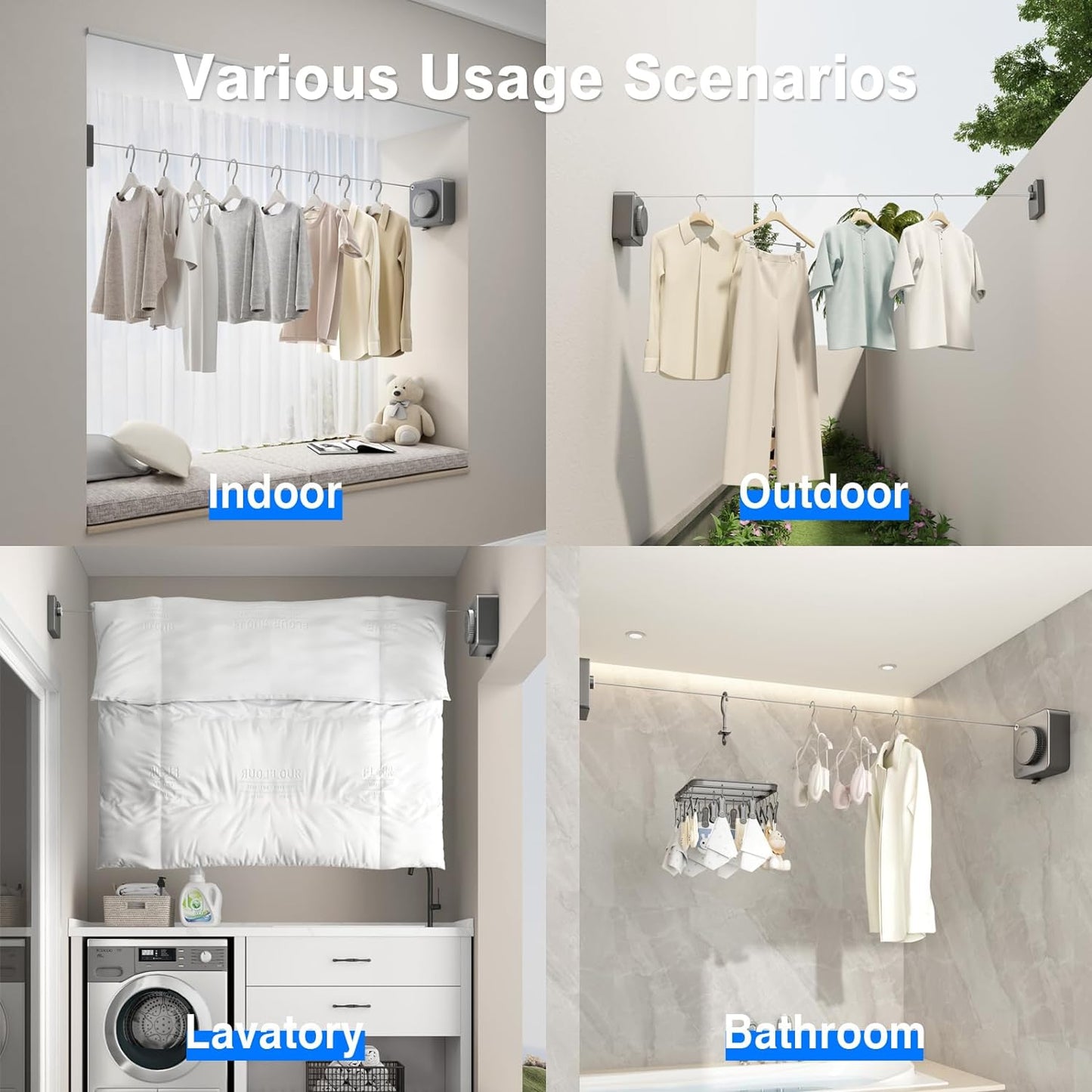 Retractable Clothesline Indoor, Non-Sagging Outdoor Clothes Line Retracting Heavy Duty Clothes Drying Laundry Line Wall Mounted Stainless Steel Line-15.1 Feets(Square-Gray)