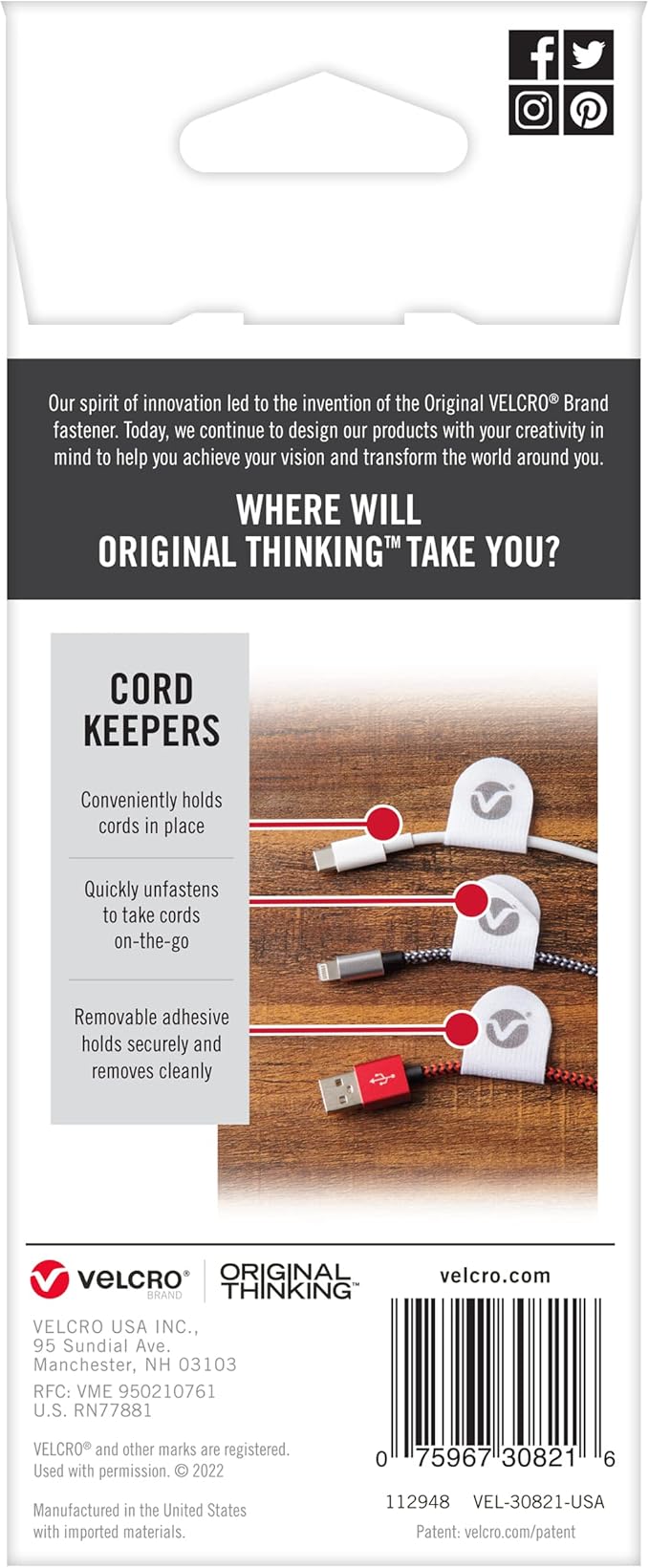 VELCRO Brand Cord Keepers | Soft Nylon Cable Clips Organize Wires in Home, Office, Desk or Nightstand | Removable Adhesive Back Holds Secure, Removes Clean | 10pk, White