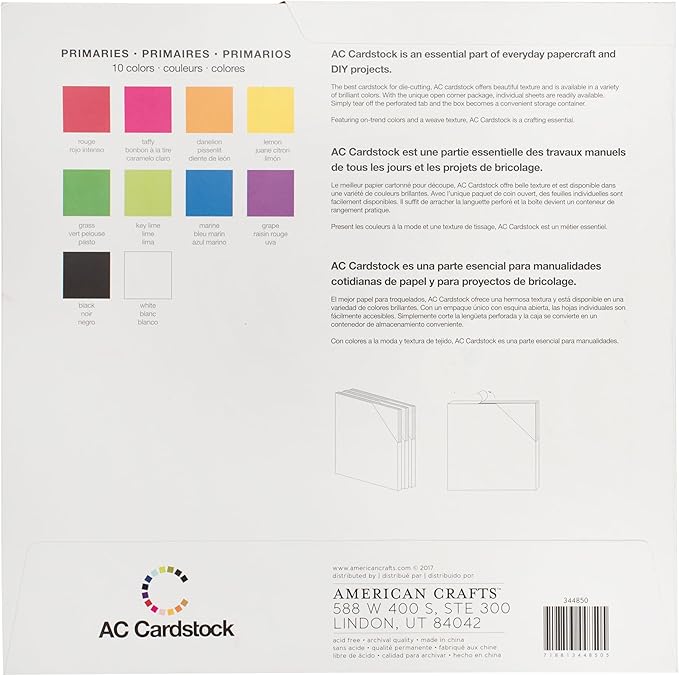Smooth Cardstock 12x12 Paper - Colored Craft Paper for Die Cutting, Card Making, Scrapbooks - 60 Heavy Duty Sheets, 10 Unique Colors, 80lb (216gsm), Solid Core - Primaries