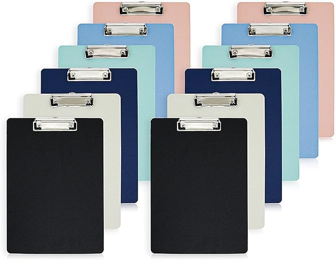 BOMEI PACK Office Plastic Clipboards, 12Pack Low Profile Assorted Colors Clip Boards Pack, 12.5 x 9 Inch A4 Letter Size