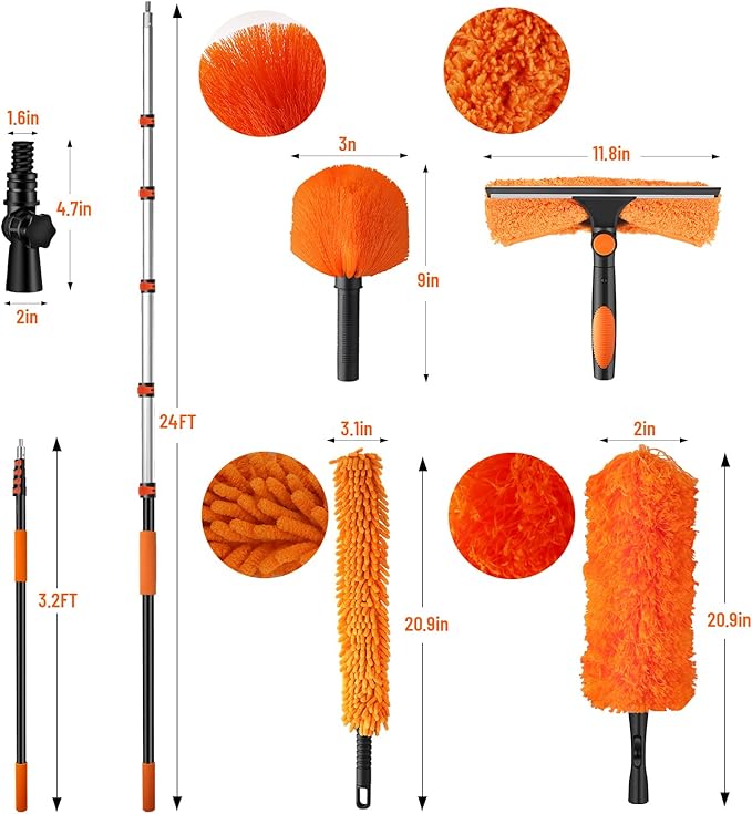 30ft High Reach Duster Kit with Extendable Pole (5-24ft),High Ceiling Duster Kit Includes–Ceiling Fan Blade Cleaner, Cobweb Remover, Bendable Duster, Microfiber Glass Scrubber & Squeegee & Swivel Head