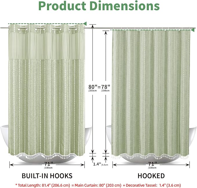 No Hook Long Shower Curtain Set with Snap-in Fabric Liner,Linen Ultra Thick Fabric with Tassels,Boho Chic Modern Farmhouse Country Neutral Cloth Shower Curtains for Bathroom,Sage Green,71x80