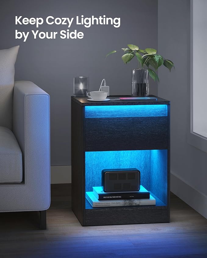 VASAGLE LED Nightstand with Charging Station, Adjustable Light Colors, 2 AC Outlets, 2 USB Ports, Bedside Table, Side Table with Drawer, Modern, 13.8 x 15.7 x 21.7 Inches, Ebony Black ULET618T21V1
