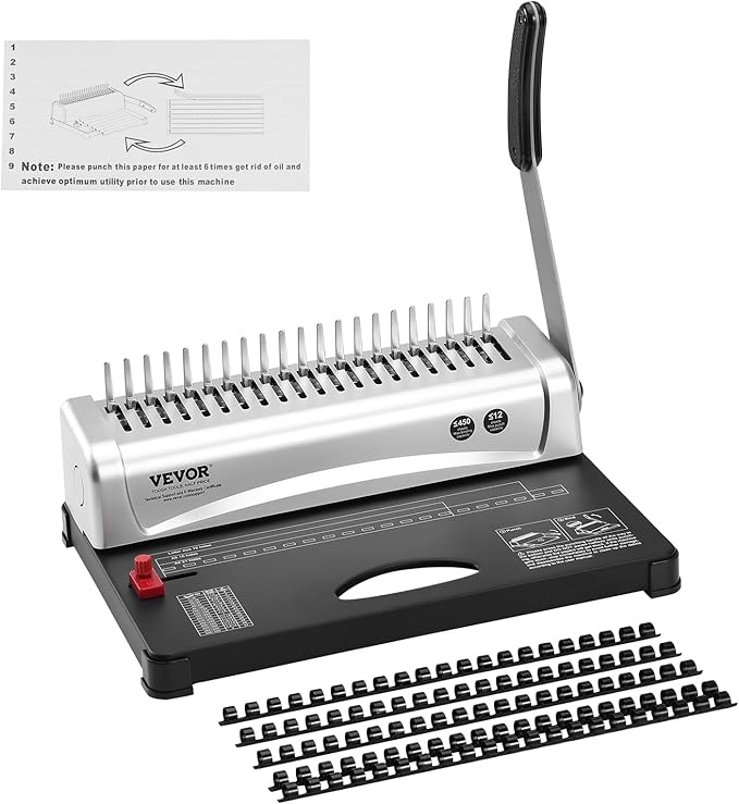 VEVOR Binding Machine, Comb Binding Machine 21-Holes Binding 450 Sheets, Book Binder Machine with 100 PCS 3/8'' Comb Binding Spines, for Letter Size, A4, A5