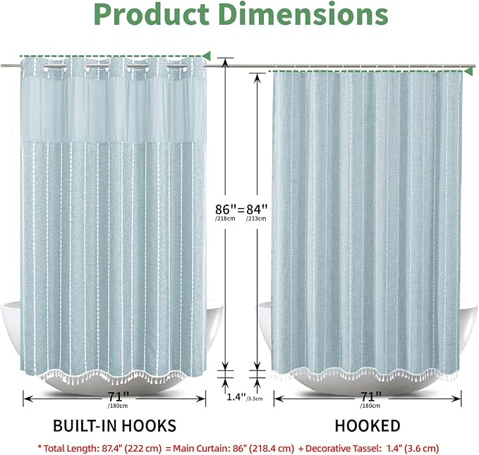 No Hook Extra Long Shower Curtain Set with Snap-in Liner,Linen Textured Thick Striped Fabric with Tassels,Boho Chic Modern Farmhouse Bathroom Curtain,Water-Repellent,Fog Blue,71x86
