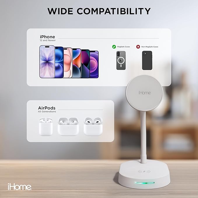 iHome Magnetic Charging Stand, 15W Wireless Charger for iPhone, Apple Watch & AirPods (2-in-1)