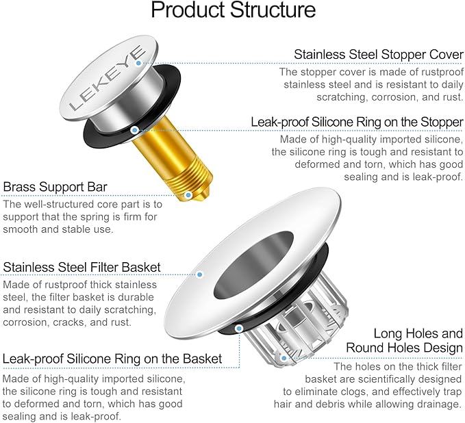 LEKEYE Tub Stopper | Shower Drain Hair Catcher | Pop-up Drain Stopper with Strainer | Bathroom Bathtub Plug | Drain Protector for 1-1/2 to 1-3/4" Bath Drain Hole - Pearl Chrome