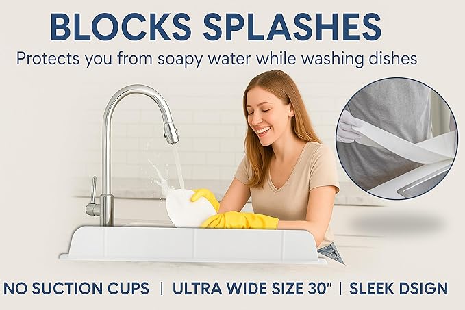 30 inch(75cm) Premium Kitchen Sink Silicone Water Splash Guard SIZE UPGRADE 30" and new package - NO Suction Cups, Ultra Wide 30" - Made in Korea (Ultra Wide Eco White)