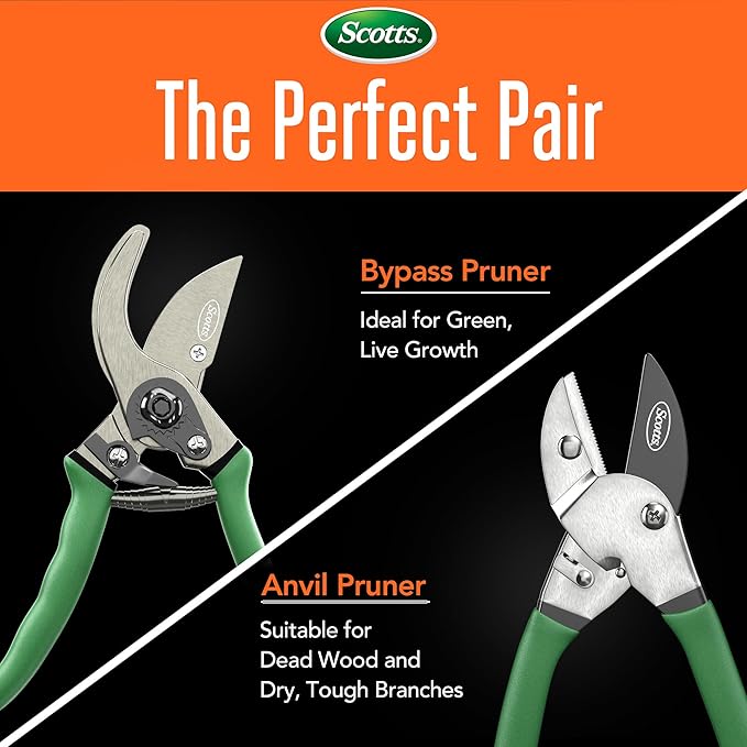 Scotts 2-Piece Pruning Shears Set – Includes 8 in. Bypass Pruner for Live Plants and 8 in. Anvil Pruner for Dry Stems – Sharp Carbon Steel Blades and Comfort Grip Handles for Garden and Yard Use