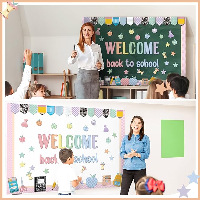 94 Pcs Composition Notebook Classroom Decor Welcome Back to School Bulletin Board Set Checkered Classroom Decor Pencil Apple Paper Cutouts for First Day of School Party Wall Door(Pastel)
