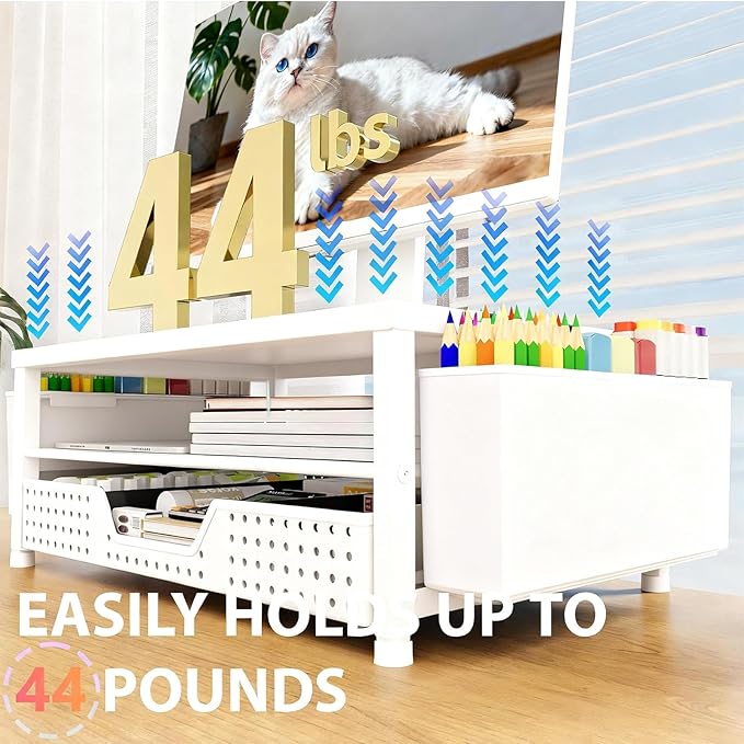 OPNICE Desk Organizers and Accessories, 2-Tier Computer Monitor Stand Riser with Drawer and 2 Pen Holders, Laptop Stand, Office Desk Accessories for Office Supplies, White