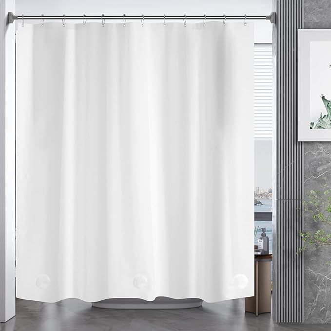 AmazerBath Plastic Shower Curtain, 72 x 65 Inches PEVA Heavy Duty White Shower Curtain, Waterproof Heavy Weight Thick Bathroom Curtain with 3 Big Clear Weighted Stones and 12 Rustproof Grommets