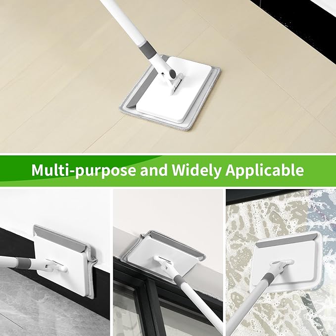 Baseboard Cleaner Tool with Handle, 3 in 1 Wall Cleaner Mop with Long Handle, 360° Rotatable Wall Mop with 4 Replacement Microfiber Chenille Pads for Wall Floor Baseboards Cleaning