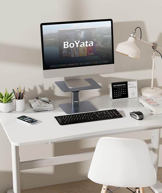 BoYata Monitor Stand, Adjustable Monitor Riser Metal Computer Stand Compatible with TV, PC, Laptop, Computer, iMac, and All Screen Display-Space Grey