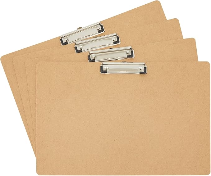 Juvale Clipboard - 11.5 x 17.4 in, Brown MDF, 4-Pack - Wood Clipboard Set with Low-Profile Metal Clip & Retractable Hook - Oversized & Portable for Drafting Board & Sketch Board Use