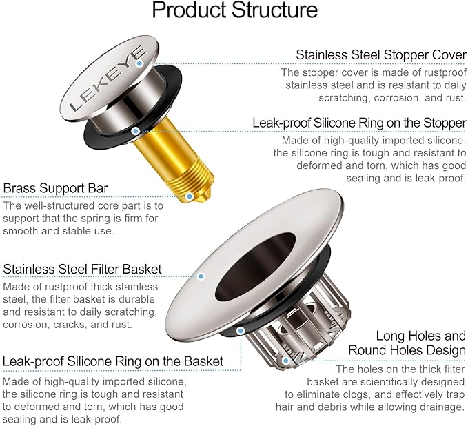 LEKEYE Tub Stopper | Shower Drain Hair Catcher | Pop-up Drain Stopper with Strainer | Bathroom Bathtub Plug | Drain Protector for 1-1/2 to 1-3/4" Bath Drain Hole - Brushed Nickel