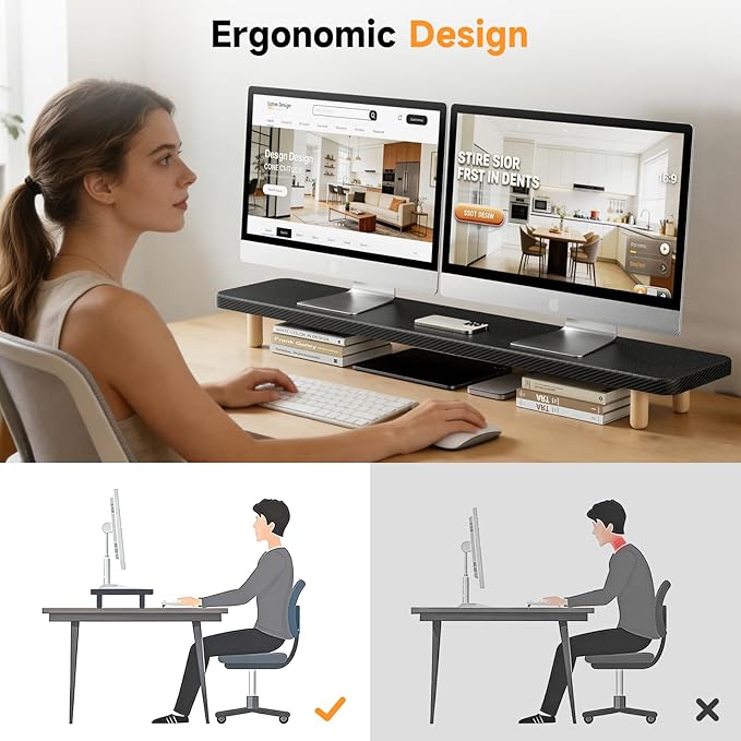 Dual Monitor Stand Riser, 39 Inch Extra Long Wooden Desktop Monitor Riser with Storage for 2 Monitors Ultra Strong Desk Shelf Organizer Riser Ergonomic for 2 Screens/Laptop/PC/TV/Printer, Large, Black