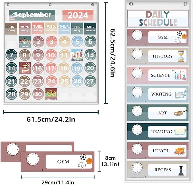 Monthly Calendar Pocket Chart for Classroom, Printed Days of The Week with Cards, Learning for Home or Kindergarten, Teacher Must Have Supplies That Fits Any School Décor (White Calendar+Daily Schedule)