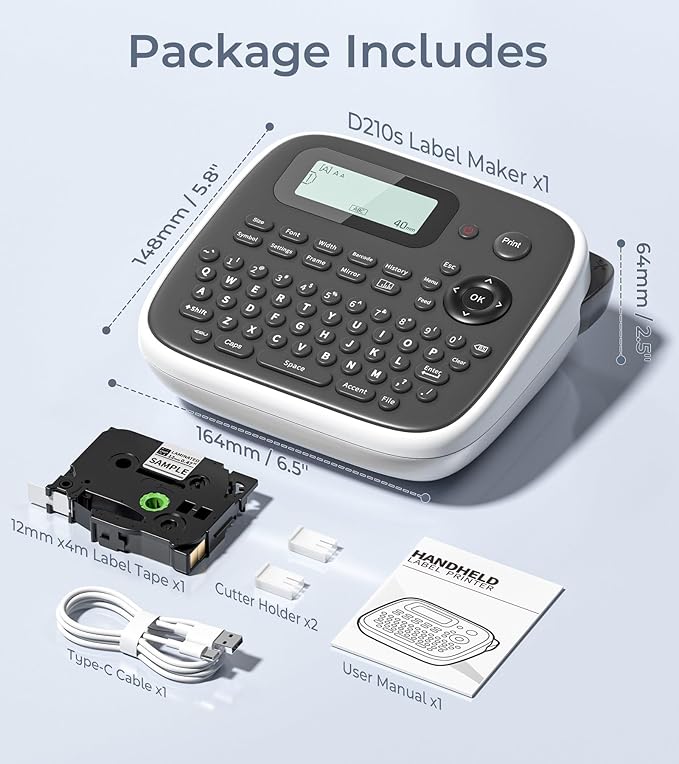Label Maker Machine with Tape, Label Maker Waterproof Labels 12mm, D210s Laminated Labeler Machine, Multi Icons Borders & One-Touch Keys, Labelmaker for Home Use/School Office Supplies