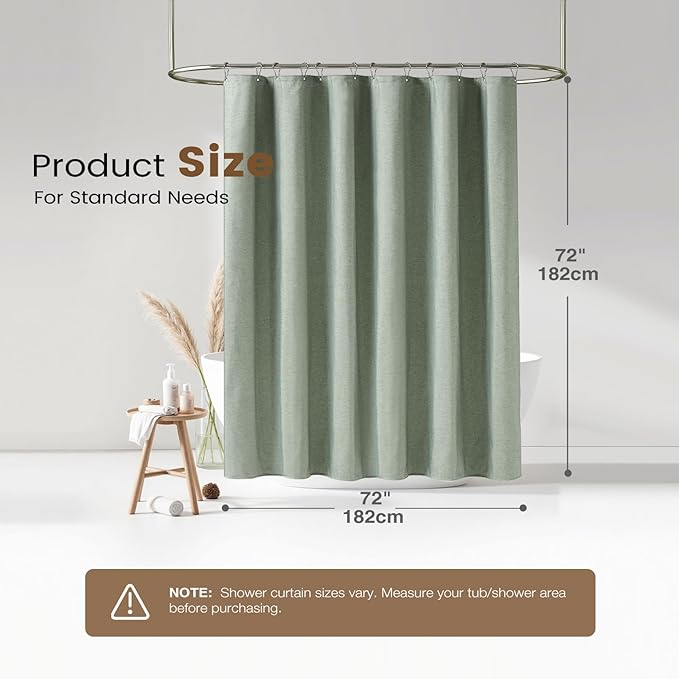 BTTN Sage Green 3 in 1 Shower Curtain Set - Linen Textured Cloth Shower Curtain and PEVA Liner with Plastic Hook and 3 Magnets, Tall Modern Neutral Waterproof Shower Curtain for Bathroom, 72x84