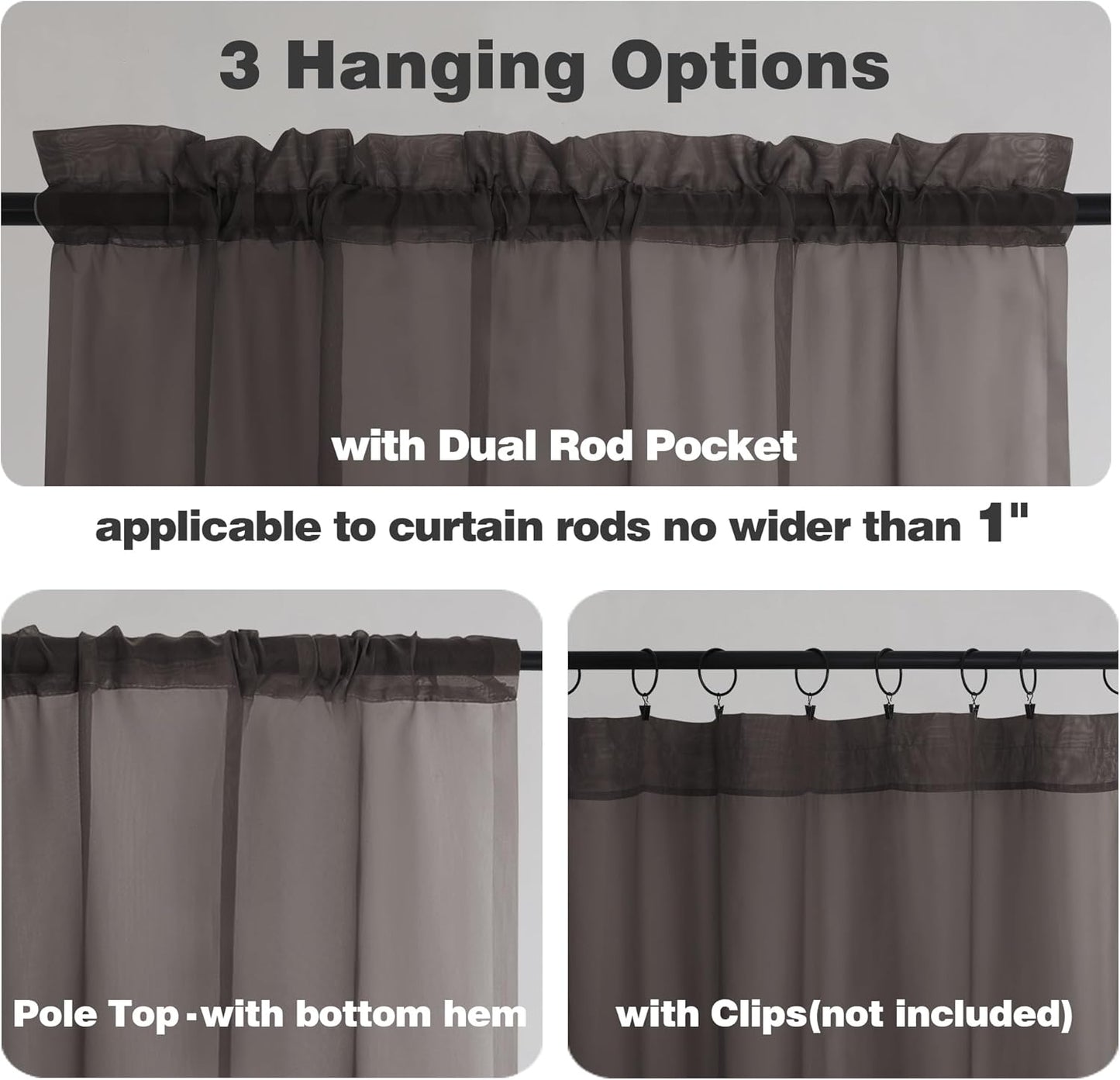 Chyhomenyc Sheer Valances for Windows 2 Pieces, 42Wx14L Inches Brown Small Window Valance for Living Room Bathroom Cafe Laundry Basement, Elegant Chocolate Rod Pocket Voile Valance
