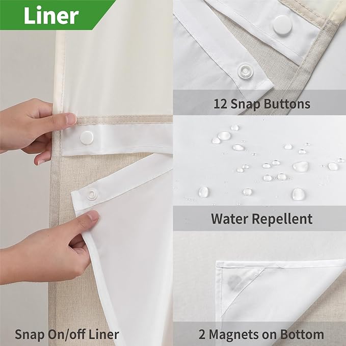 Stall No Hooks Needed Linen Textured Shower Curtain with Snap-in Fabric Liner Set,Hotel Luxury Decor Shower Curtains for Bathroom,Waterproof & Washable,48Wx74H,Cream