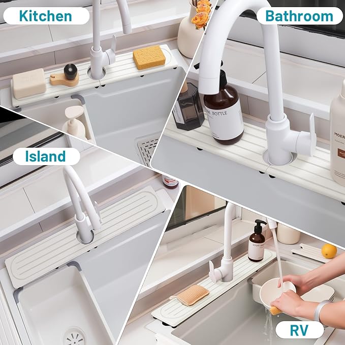Faucet Mat for Kitchen Sink with Raised Feet, Stone Sink Mat Quick Dry around Faucet, Water Absorbent Stone Tray, Sink Splash Guard & Protectors, Stone Drying Mat for kitchen Counter