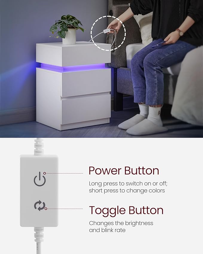 VASAGLE Nightstand with LED Lights, Adjustable Light Colors, Bedside Table, Side Table with 3 Drawers, Modern Style, 13.8 x 15.7 x 21.7 Inches, Cloud White LET630T12